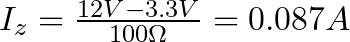 I_{z} = \frac{12V - 3.3V}{100 \Omega}} = 0.087A