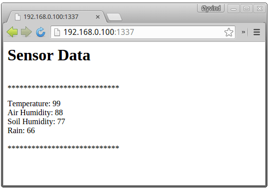 Intel Galileo web server showing 'fake' sensor data