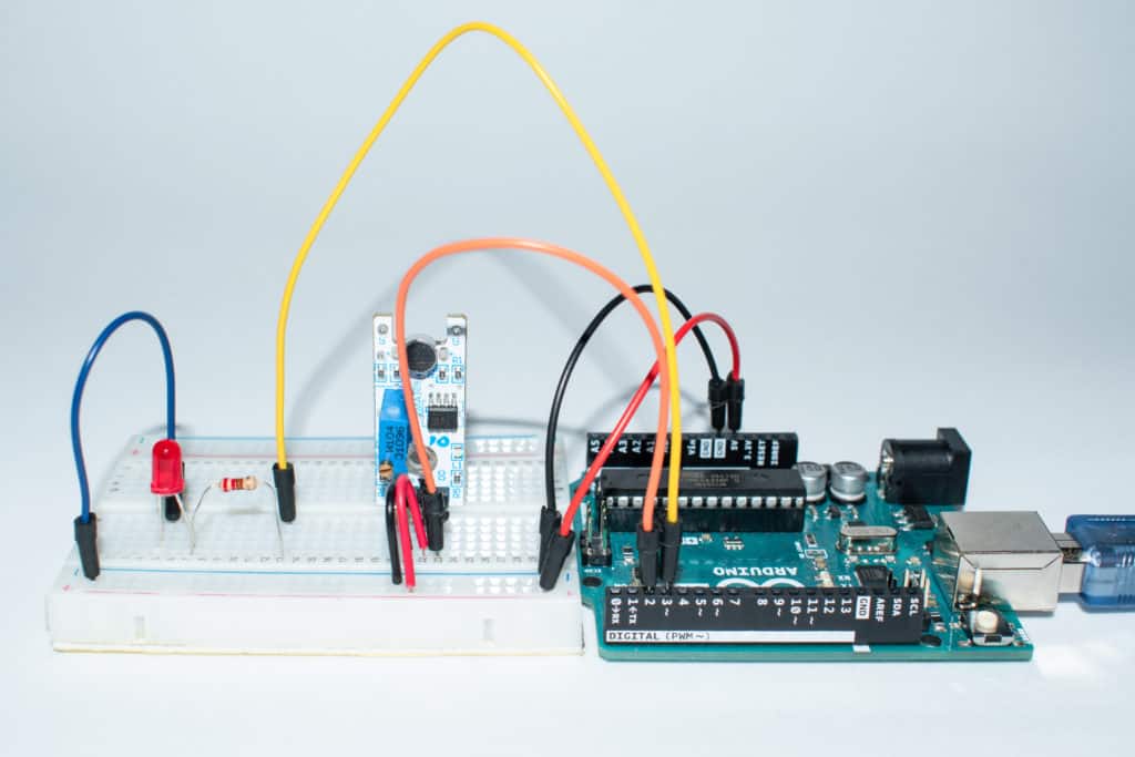 Photo of the assembled Arduino Sound Sensor Circuit