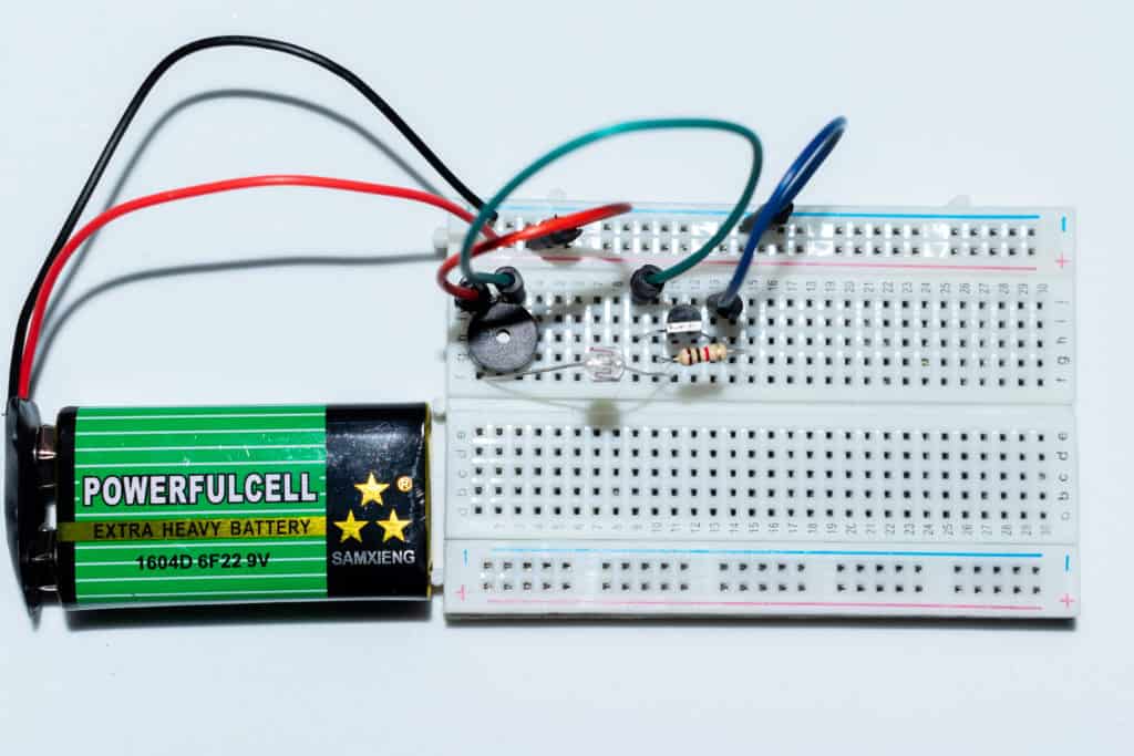 The sunrise wake-up alarm on a breadboard