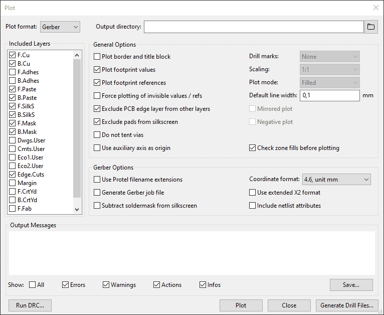 The Plot window in Kicad for creating gerber files