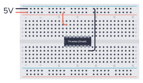 7400 series IC connected to 5V on a breadboard