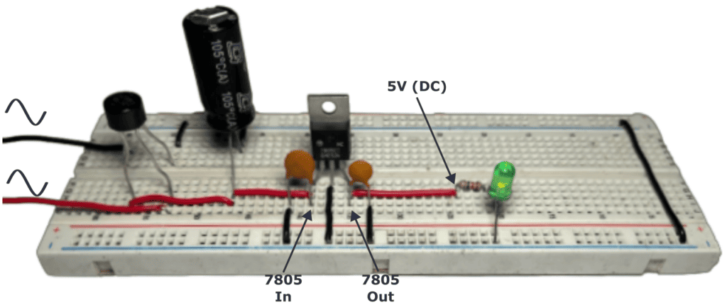 Finished DC linear power supply on a breadboard