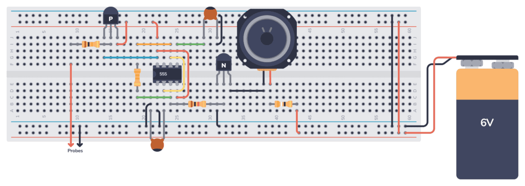 555 continuity tester on a breadboard